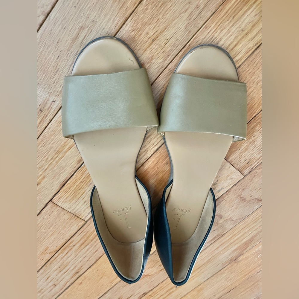 J. Crew Morgan Burnt Sienna Black Leather Peep Toe Flats Sandals Shoe Sz. 8.5